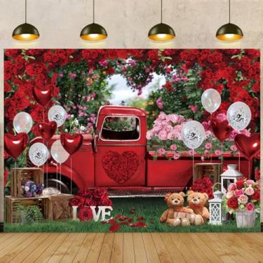 Imagem de Pano de fundo de caminhão para Dia dos Namorados, 25,4 x 2,3 m, rosa vermelha, balões de coração para fotografia de dia dos namorados, decoração romântica para festa dos namorados, adereços para fotos