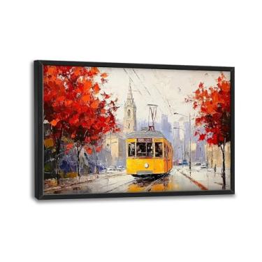 Imagem de Arte de parede de bonde urbano grande para sala de estar, decoração de parede grande emoldurada Big Ben pintura em tela de paisagem de árvore de cidade arte moderna para sala de estar banheiro quarto