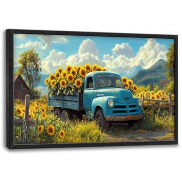 Imagem de Olivine Arte de parede grande, decoração de parede de imagens de girassol, pintura de girassol de fazenda, impressões em tela de caminhões de girassóis, arte emoldurada para sala de estar, quarto