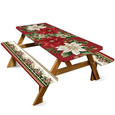 Imagem de ANNA QUEEN Conjunto de capa de mesa de piquenique com girassol de 1,82 m x 76 cm, à prova d'água, banco e toalha de mesa, proteção de móveis para acampamento, praia, churrasco, pátio, quintal (flores