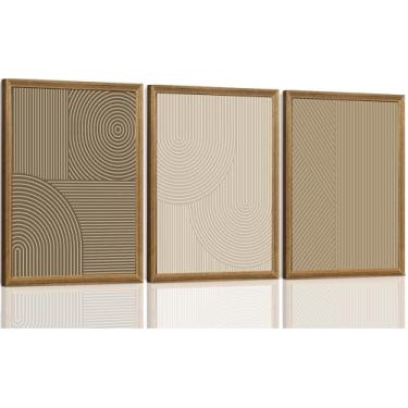 Imagem de ICHZUMW Conjunto de 3 arte de parede neutra abstrata moderna minimalista, emoldurada, geométrica, texturizada, arte de parede, boêmio, bege, marrom, decoração de parede para sala de estar, quarto