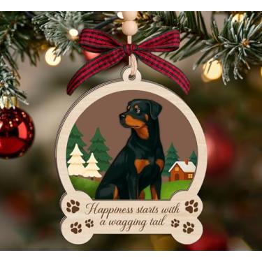 Imagem de Enfeite de Natal de madeira Rottweiler - Lembrança de cachorro de 3 camadas - Presente memorial de animal de estimação para amantes de cães - Decoração de Feliz Natal - Enfeite de madeira de 7,5 x
