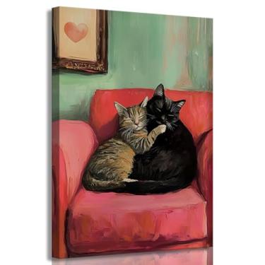 Imagem de Arte de parede em tela de abraço de gato preto, fotos de decoração de parede, imagens engraçadas de pôsteres de animais, amor, vintage, pintura a óleo, arte para quarto, sala de estar, casal