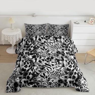 Imagem de jejeloiu Conjunto de edredom Queen com estampa de guepardo, branco, preto, leopardo, para crianças, meninos, meninas, mulheres, decoração de quarto, 3 peças com 2 fronhas