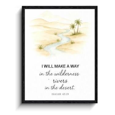 Imagem de Deserto em aquarela com rio e palmeiras, "I will make a way in the wilderness, rivers in the desert" Isaías 43:19, decoração de parede cristã fosca para berçário, presente de batismo, 20 x 25 cm