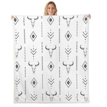 Imagem de Cobertor de lã boêmia rústica ocidental boêmia queen 228 cm x 234 cm, cobertores de lã de ovelha asteca do sudoeste para adultos adolescentes mulheres fazendas americanas chifres étnicos cobertores de