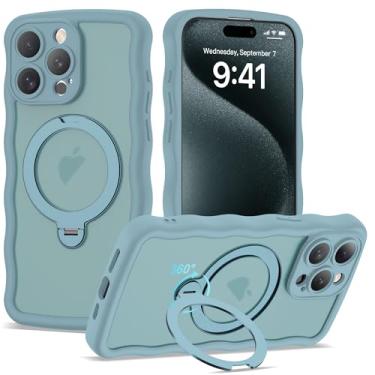 Imagem de BTBTCASE Capa compatível com iPhone 15 Pro Max com anel magnético rotativo de 360° e suporte invisível, compatível com Mag-Safe, linda capa protetora para celular com moldura ondulada ondulada