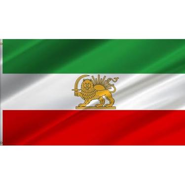 Imagem de Antiga bandeira iraniana histórica do Irã de 8 x 1,5 m, com coroa de sol de leão e antigas bandeiras iranianas, bandeira nacional, costura dupla com 2 ilhós de latão, para quarto adolescente