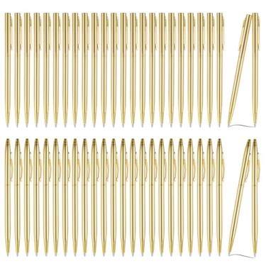 Imagem de 50 canetas douradas de casamento, canetas esferográficas finas de metal retrátil a granel, mini canetas de tinta preta para casamentos, convidados, escritórios, negócios, professores