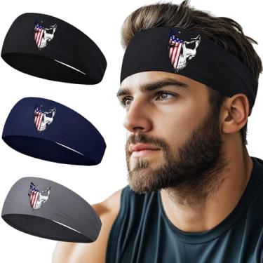 Imagem de Bandanas esportivas para homens, 3 peças, faixa de suor para homens e mulheres, faixa de cabeça para exercícios refrescante, bandeira americana, caveira, faixa de cabelo para homens, para corrida