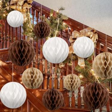 Imagem de Sinload 12 peças de enfeites de papel de favo de mel jumbo de Natal decoração de escadas neutras bolas de papel grandes enfeites de Natal marrom tamanho sortido para festa de árvore de Natal em casa