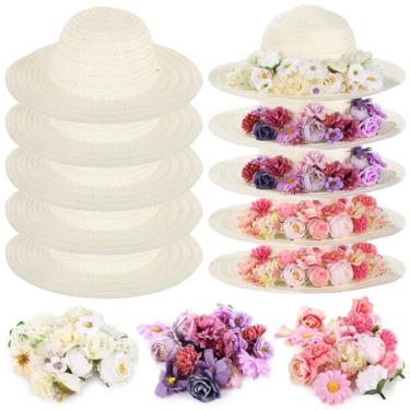 Imagem de OMISTAR 70 Pcs DIY Straw Hat Kit, Tea Party Hats, Paintable Blank Sun Hats with 60 Assorted Faux Flowers, Party Craft Kit for Camping, Picnic, Beach Trip, Dress Up Party