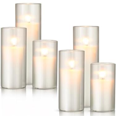 Imagem de Fiwochic 12 peças de velas de pilar e suporte de vela de vidro com nervuras, suportes de cilindro altos para velas de pilar, vasos de botão com nervuras transparentes para decoração de mesa de Natal