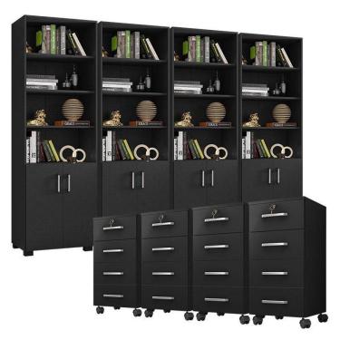 Imagem de Kit 4 Gaveteiros Para Escritório Gávea Com Chave E 4 Livreiros Office Portas Pequenas Preto Fosco – Móveis Leão