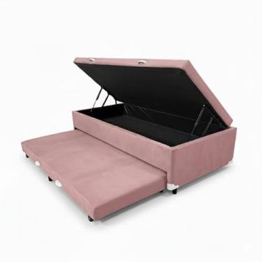 Imagem de Cama Box Baú Solteiro com Auxiliar Conjugada | Blindada | Pistão a Gás | Suporta Até 200kg | (188x88x42) (Suede Rosa)