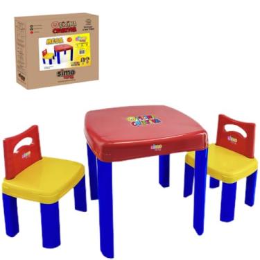 Imagem de Mesa Infantil Criativa com 2 Cadeiras, Colorida em Vermelho, Azul e Amarelo, Estrutura Reforçada, para Crianças a partir de 1 Ano, Ideal para Brincar, Desenhar e Estudar