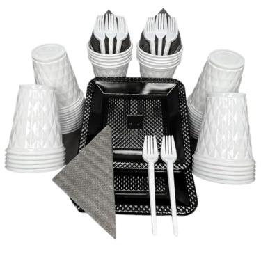 Imagem de Kit 180 Itens Festa Aniversário Completo Preto E Branco Descartável Prato Copo Garfo Guardanapo Cor Time P/ 40 Pessoas (Branco e Preto)