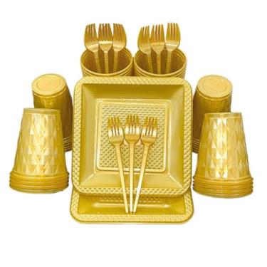 Imagem de Kit 260 Itens Descartaveis Festa Aniversário Prato Quadrado Diamante Plástico Colorido Perolado Candy Pastel (Dourado)