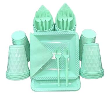 Imagem de Kit Festa Aniversario 180 Itens Candy Descartavel Diamante Premium C/Pratos Copos Garfinho Cor Pastel Azul Rosa Amarelo (Verde Candy)
