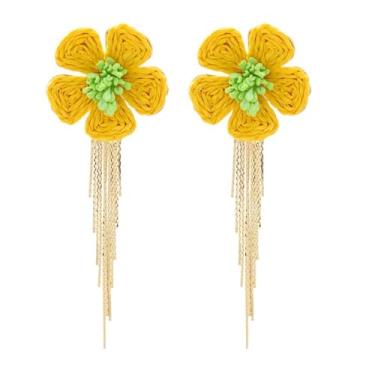 Imagem de Brinco floral de flor do Havaí para mulheres, brincos pendentes de franja dourada com franjas brilhantes, boho, ratã, ráfia, margarida, acessórios de férias de verão na praia (amarelo)