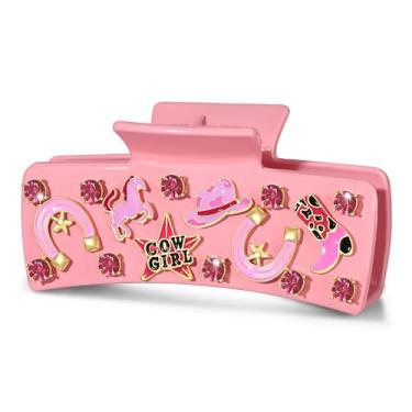 Imagem de Grampos de garra de cabelo Western Cowgirl para mulheres, grande, rosa, vaqueira, bota, cavalo, ferradura, grampos quadrados, gancho de cabelo country ocidental para acessórios de cabelo grosso e fino