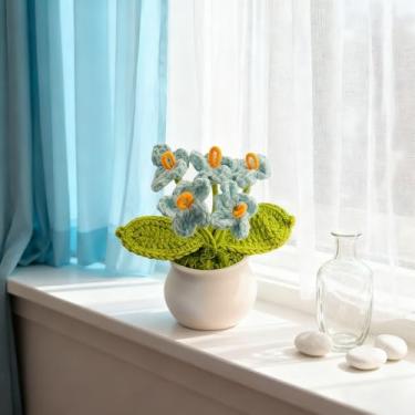 Imagem de Flor de crochê, decoração floral tricotada feita à mão, planta artificial em vaso para decoração de mesa e casa (azul)