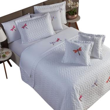 Imagem de Kit 3 Peças Cobre Leito Casal Padrão Branco com Bordado de Libélulas, Matelado Zig Zag, 240x220cm, 2 Porta-Travesseiros
