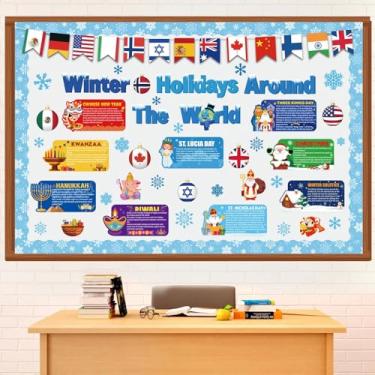 Imagem de Funrous Conjunto de quadro de avisos de inverno de 71 peças para feriados ao redor do mundo com recortes de solstício de inverno Kwanzaa Diwali Hanukkah para festa de Natal, escola, sala de aula