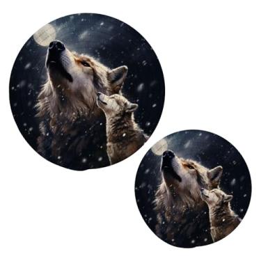 Imagem de KEEPREAL Conjunto de suportes de panela Wolf Pack Family Trivets para pratos quentes, 2 peças de algodão trançado resistente ao calor, porta-copos redondos para cozinhar, assar #395