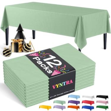 Imagem de Vyntra Toalhas de mesa descartáveis de plástico verde sálvia 137 x 262 cm, pacote com 12 – capas de mesa de festa para aniversário, casamento, formatura e chá de bebê – impermeável, à prova de