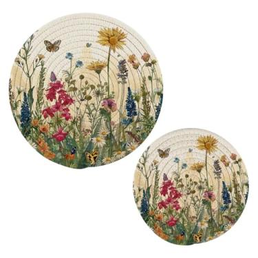 Imagem de Blueangle 2 peças de suporte de panela de tripé de flores silvestres com borboletas - conjunto de pegadores de panela de tecido redondo - almofadas quentes trançadas de algodão - porta-copos - tapetes