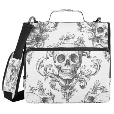 Imagem de SEHANY Fichário com zíper de caveira com alça de ombro, capacidade para 500 folhas, vários bolsos 3,8 cm para fichário com zíper e 3 anéis