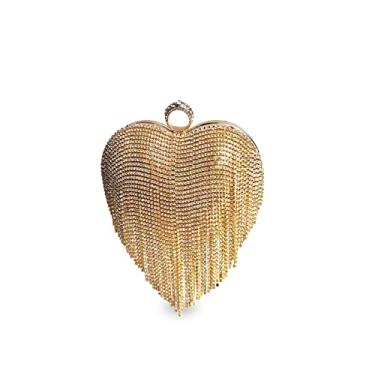 Imagem de CORIOS Bolsa feminina de luxo em forma de coração com borla para noite com strass, bolsa de casamento, Dourado, Large