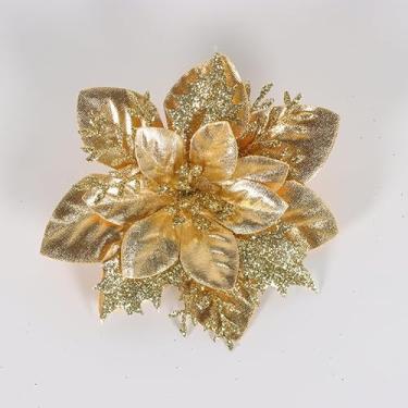 Imagem de Flores de Natal com glitter artificial, enfeite de flores falsas de pano de plástico com clipes, festa de Natal, árvore de Natal, decoração artesanal DIY (ouro - 2 peças)