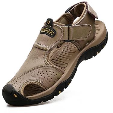 Imagem de VISIONREAST Sandálias masculinas de couro para caminhadas ao ar livre, sandálias esportivas impermeáveis, sapatos de praia, bico fechado, sandálias aquáticas, C_khaki, 11