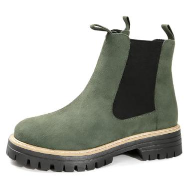 Imagem de BANGTEUO Botas Chelsea grossas femininas de camurça, confortável, plataforma elástica, sem cadarço, salto baixo para todas as estações, trabalho, botas de cano curto estilo clássico, Verde, 37