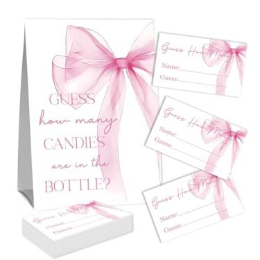 Imagem de Placa Guess How Many Candies (1 placa de pé e 50 cartões de adivinhação) Kit de cartas de jogo de atividades com tema de arco rosa para chás de bebê, festas de recém-nascidos, chá de noivado de