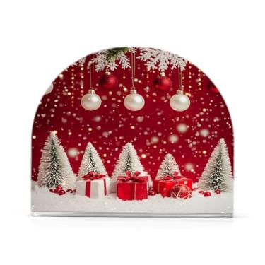 Imagem de xigua Árvore de Natal com suporte de guardanapo de fundo vermelho para mesas, porta-guardanapos de papel de placa acrílica elegante, dispensador de papel de seda independente moderno para sala de