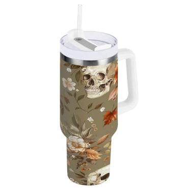 Imagem de STAYTOP Copo de rosas e caveiras de Halloween de 1,134 g com tampa e palha, copo isolado de aço inoxidável durável à prova de vazamento com alça, garrafas de água à prova de derramamento para viagens