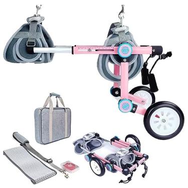 Imagem de PUJPOQRP Cadeira de rodas dobrável para animais de estimação com bolsa prática, carro de passeio assistido por cachorro ajustável rosa/branco, carrinho de rodas de passeio para cães e gatos pequenos