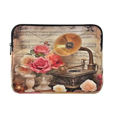 Imagem de Wassud Capa para laptop 14 polegadas vintage gramofone e rosas à prova de choque à prova de choque capa para laptop de poliéster para notebook tablet