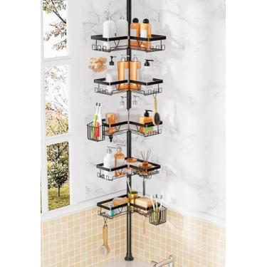 Imagem de DAOYA Suporte de chuveiro com poste de tensão ajustável, organizador de prateleira de chuveiro de aço inoxidável de 5 camadas com 2 suportes de escova de dentes móveis, prateleira de armazenamento