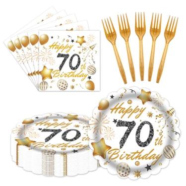 Imagem de 60 peças de decorações de aniversário de 70 anos, pratos de papel e guardanapos, garfos, utensílios de mesa de festa para homens, mulheres, decorações de festa de aniversário, serve 20