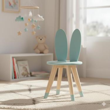 Imagem de Cadeira Infantil Coelho com Pés de Madeira Pinus e Tampo MDF, Azul, 61.5cm Altura, Suporta 20kg (Menta)