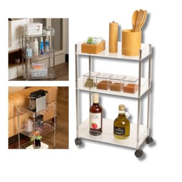 Imagem de Carrinho Organizador Triplo Diamond em Acrílico com Inox – 3 Prateleiras, Rodinhas com Trava, Multiuso para Cozinha, Escritório, Banheiro – Suporta 60kg