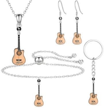 Imagem de Conjunto de joias de guitarra, 5 peças, colar com pingente de guitarra acústica, pulseira, brincos e chaveiro, corrente de prata, Standard, Acrílico, Sem Pedra Preciosa