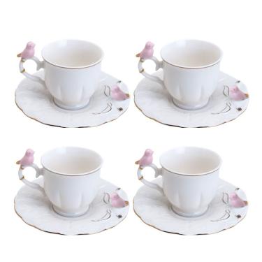 Imagem de Jogo 4 Xícara De Café Porcelana Rosa E Branca Birds Pássaro Com Pires 100ml Wolff