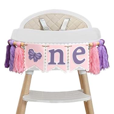 Imagem de Eurteka Faixa de cadeira alta com tema borboleta - Decorações de festa de primeiro aniversário de borboleta, faixa de cadeira alta para festa de 1º aniversário de primavera (borla de borboleta)