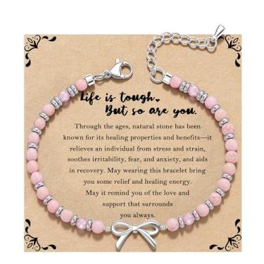 Imagem de QILMILY Pulseira de onda/laço/cruz para mulheres, pulseiras coloridas com contas de pedra natural, presente de amizade exclusivo para melhor amiga, irmã e mãe, presentes de aniversário para mulheres