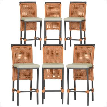 Imagem de 6 Banqueta Em Alumínio Roma Preta Corda Náutica Tecido 7 Terra Cota